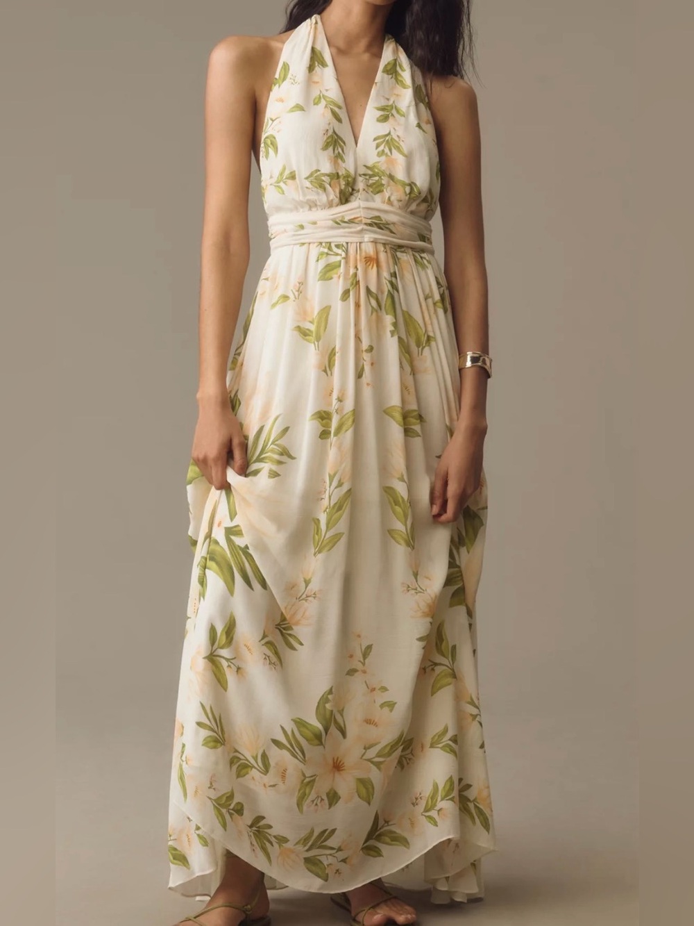 Farm Rio V Neck Floral Coastal Chiffon Backless Maxi Dress Size Medium